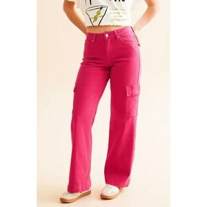 Risen Jeans‎ Pants Womens 5/27 Fuchsia Pink Wide Leg Cargo Denim Stretch